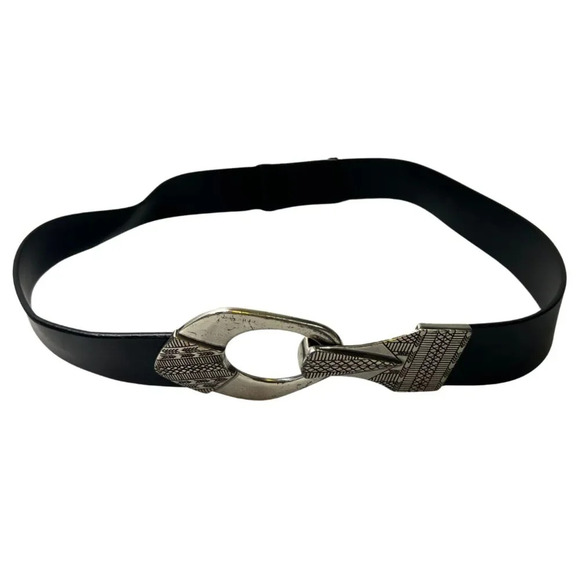 Chico's Black Leather Adjustable Belt 2484 Tribal Metal‎ Buckle & Tab M/L - Picture 1 of 7